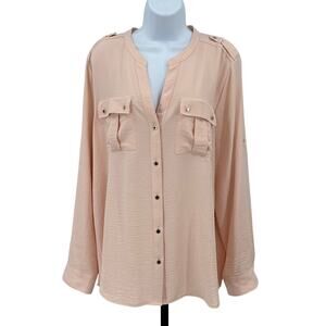 Calvin Klein Shirt WMNS XL Blush Pink Textured Roll Tab Sleeve Button Up Blouse